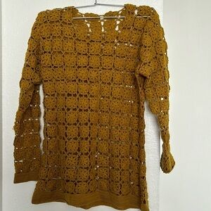 Hand-knitted sweater with beautiful flowers, mustard color, size S
